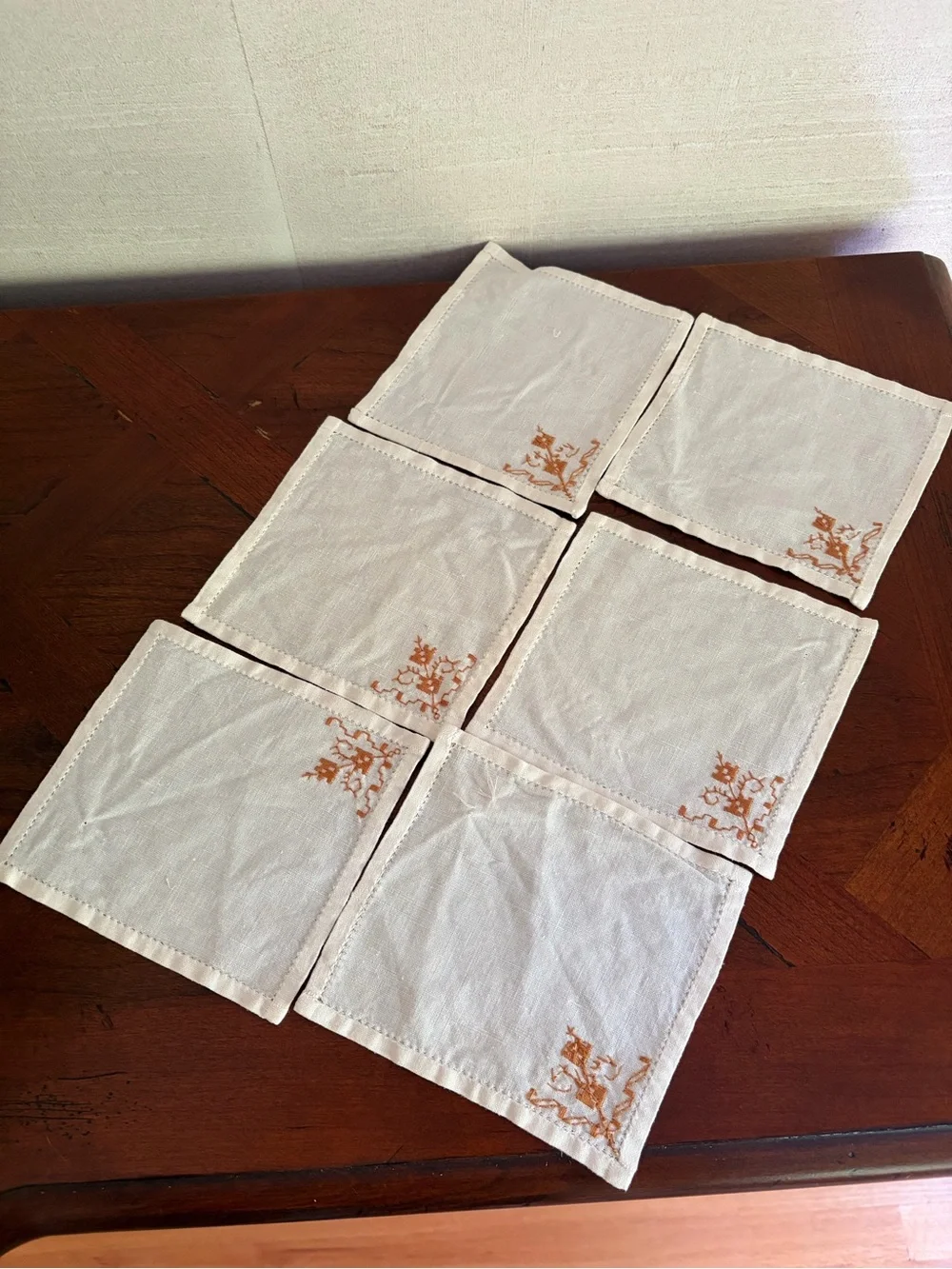 Set of 6 Off White Linen Cocktail Napkins Embroidered Corner